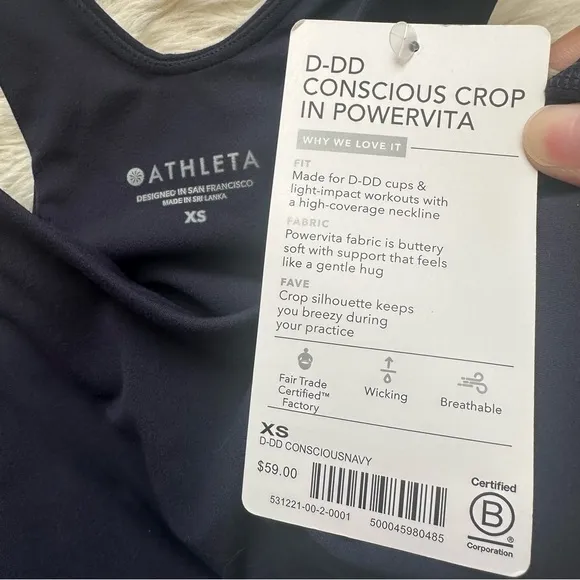Athleta Sports Bra Conscious Crop Bra In Powervita D-DD Navy XS NWT New