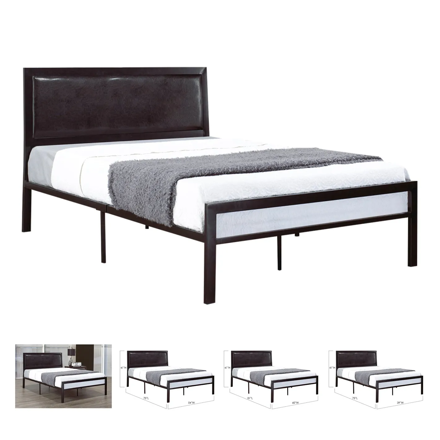 Bebelelo Alize Black Coated Metal Platform Queen Bed with Padded Headboard
