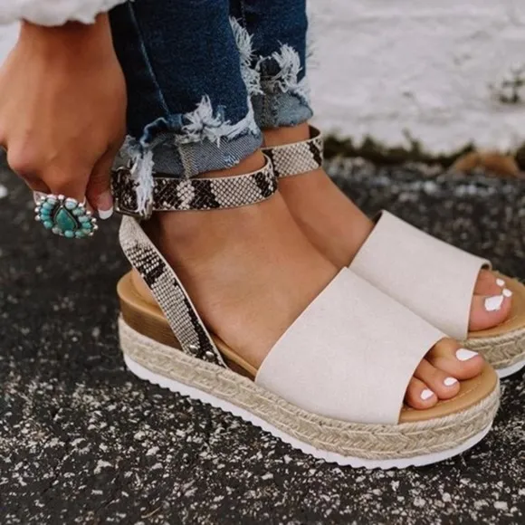 Beige Snakeskin Platform Espadrille Wedge Sandal