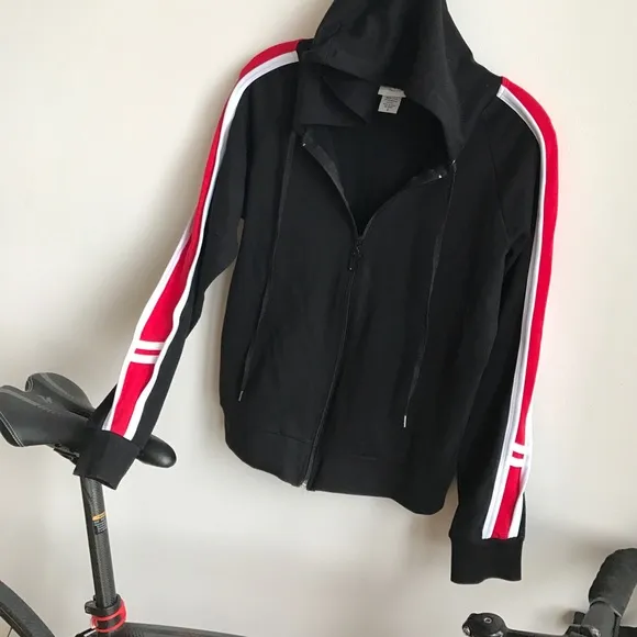 Black Hoodie Jersey Red White Seams Running Jacket NEW