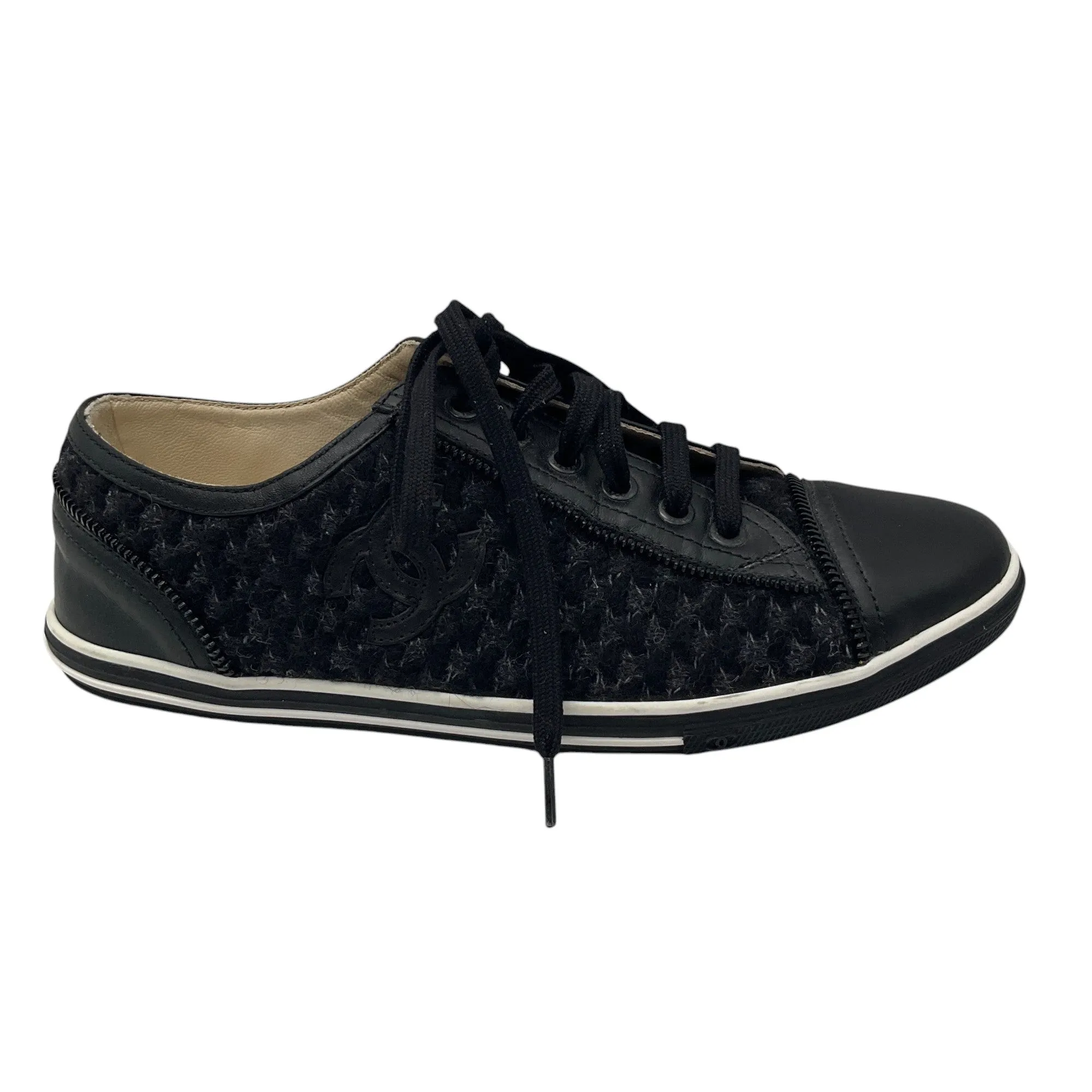 Chanel Black Interlocking CC Logo Tweed and Leather Sneakers