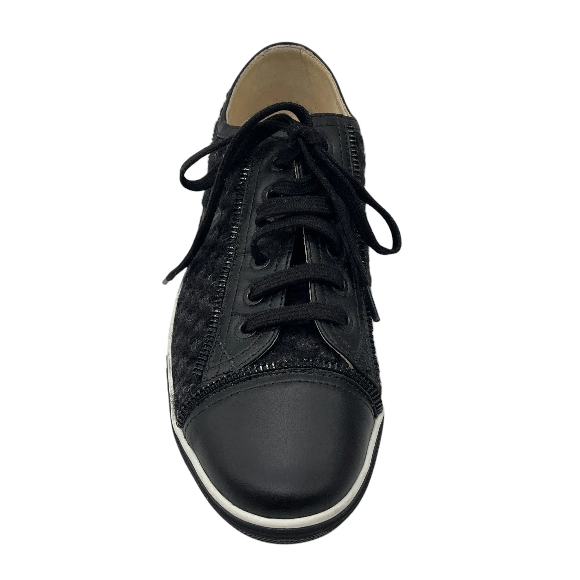 Chanel Black Interlocking CC Logo Tweed and Leather Sneakers