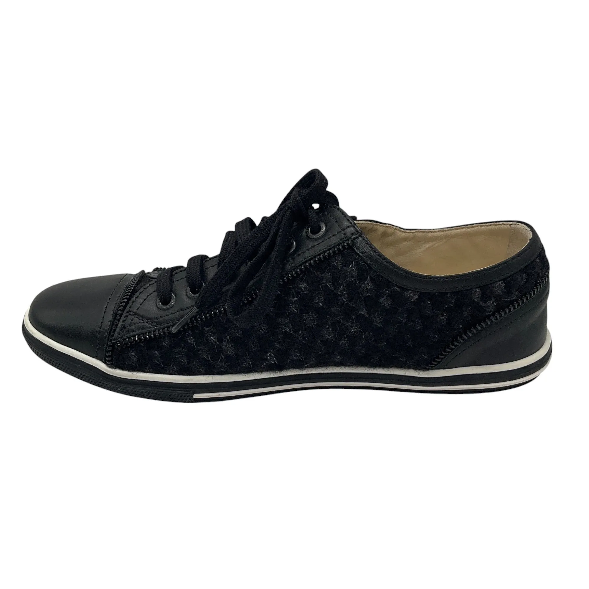 Chanel Black Interlocking CC Logo Tweed and Leather Sneakers