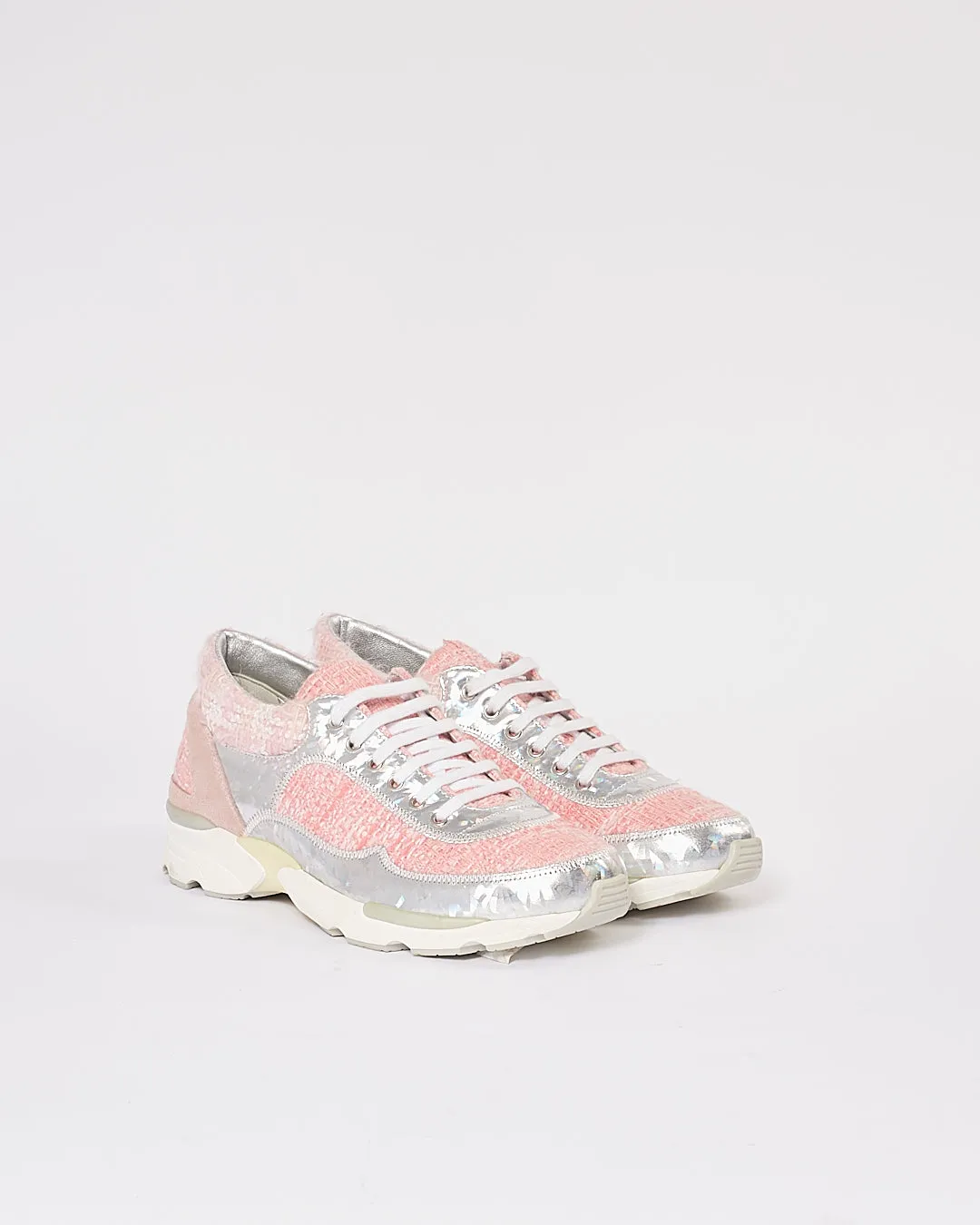 Chanel Pink Tweed Metallic Sneakers - 36.5