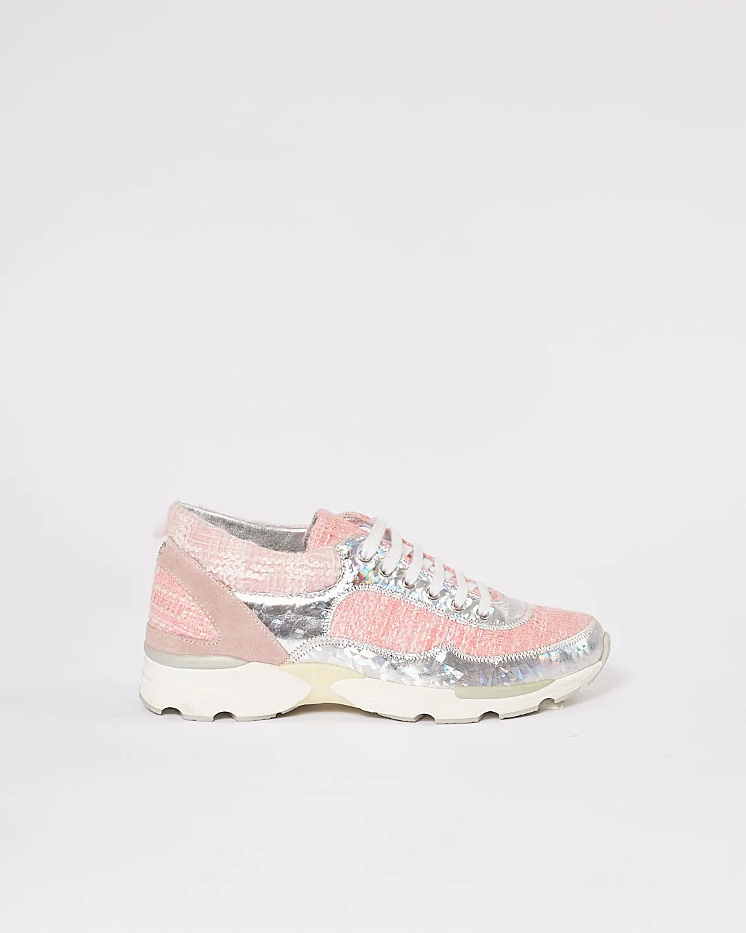 Chanel Pink Tweed Metallic Sneakers - 36.5