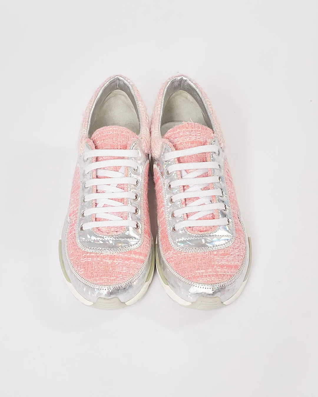 Chanel Pink Tweed Metallic Sneakers - 36.5
