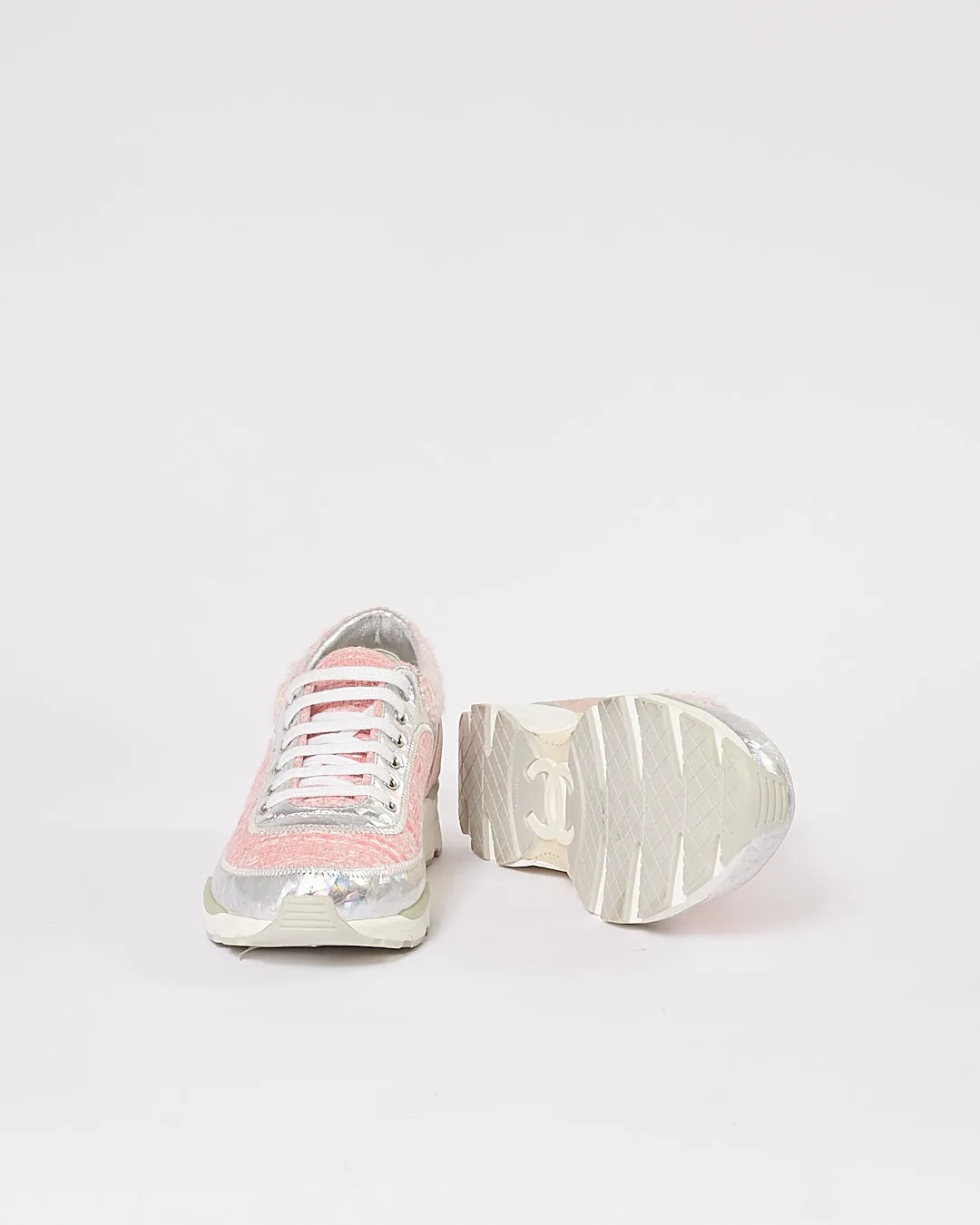 Chanel Pink Tweed Metallic Sneakers - 36.5