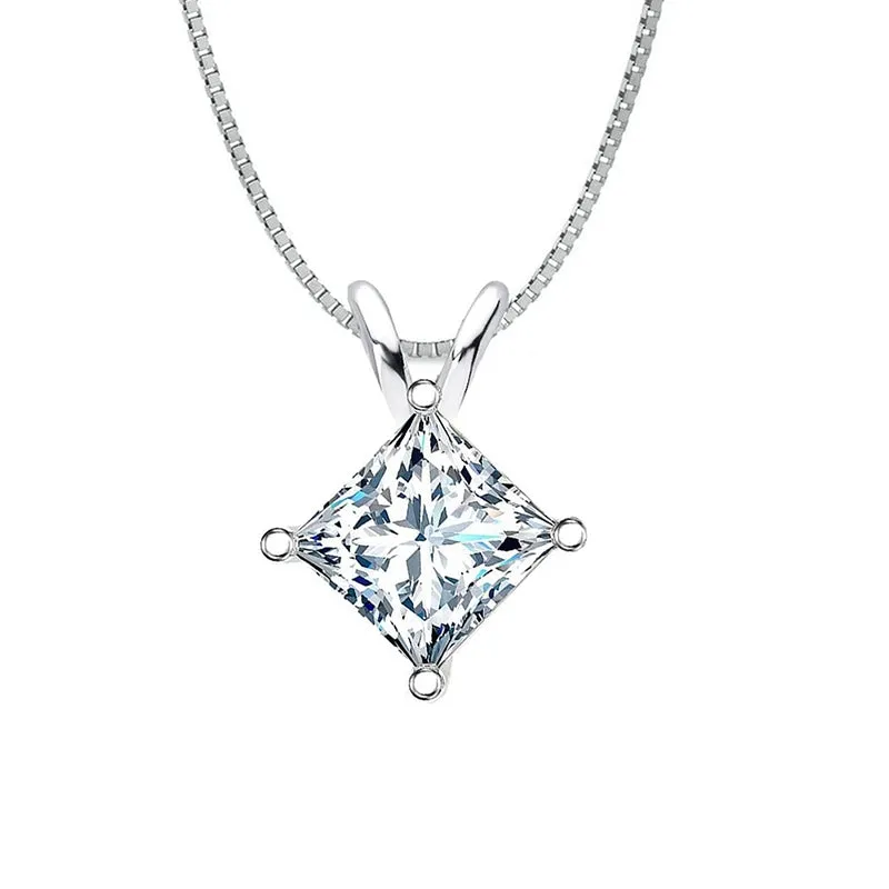 Classic Sterling silver Princess Cut Created White Diamond Pendant Necklace