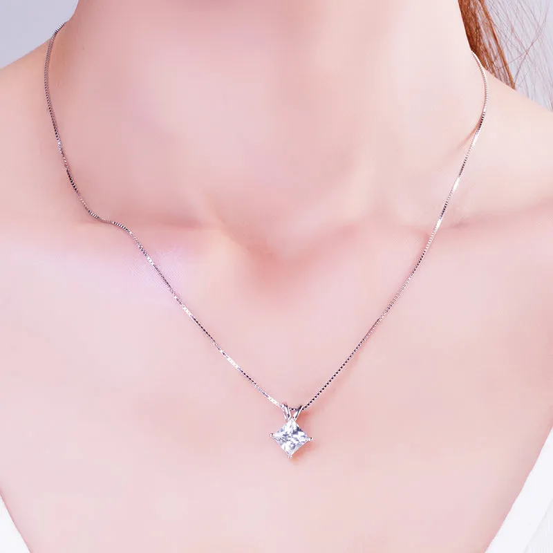 Classic Sterling silver Princess Cut Created White Diamond Pendant Necklace