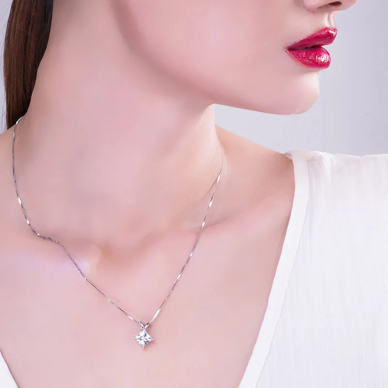 Classic Sterling silver Princess Cut Created White Diamond Pendant Necklace