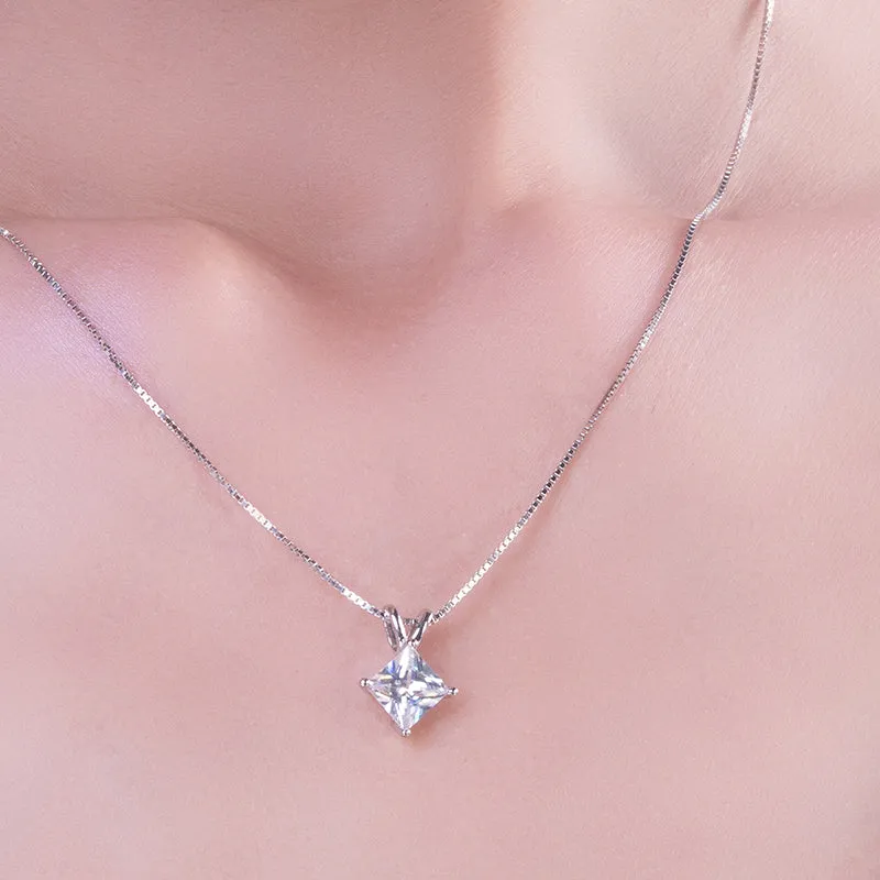 Classic Sterling silver Princess Cut Created White Diamond Pendant Necklace