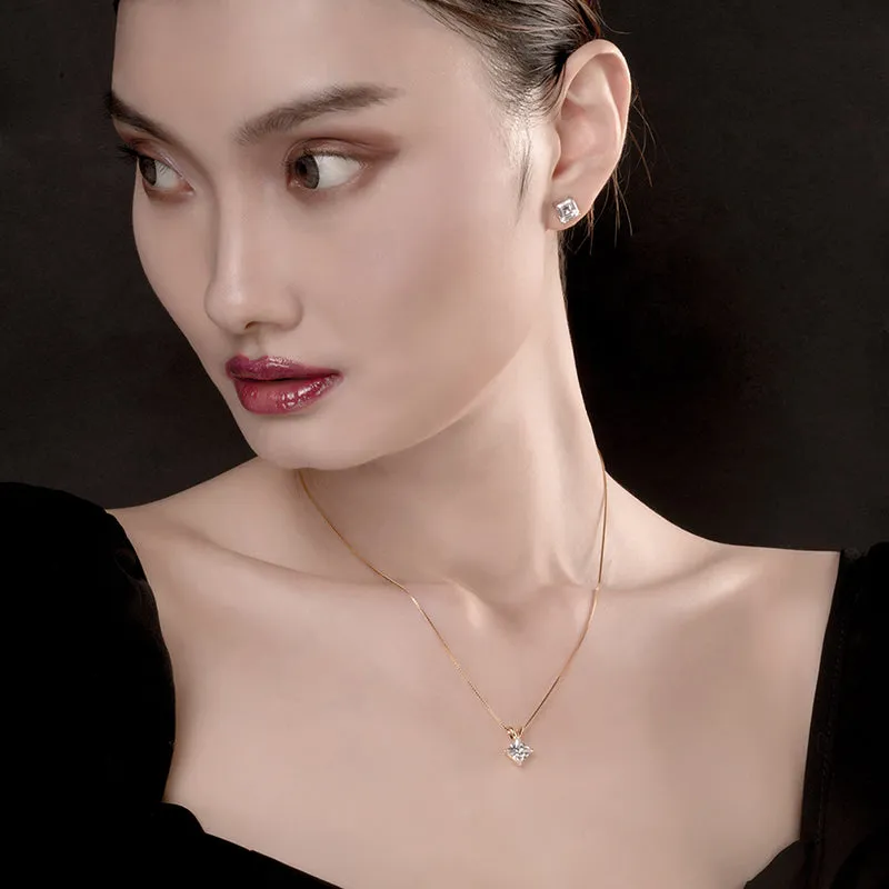 Classic Sterling silver Princess Cut Created White Diamond Pendant Necklace