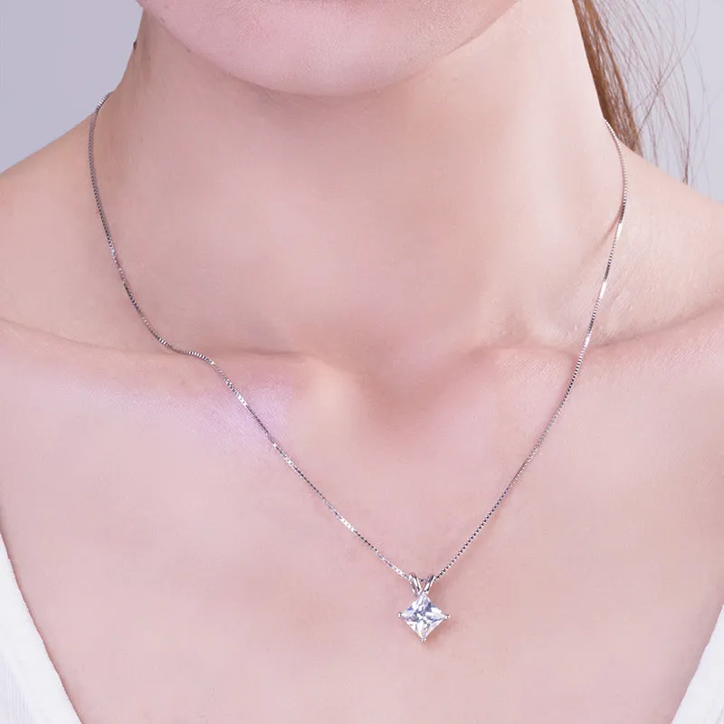 Classic Sterling silver Princess Cut Created White Diamond Pendant Necklace