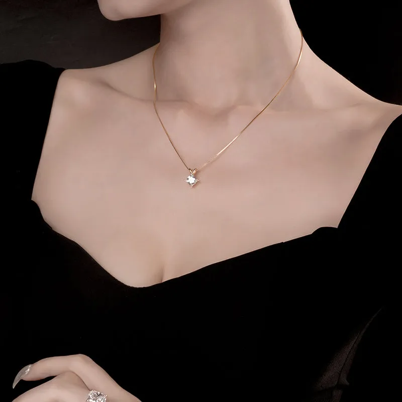 Classic Sterling silver Princess Cut Created White Diamond Pendant Necklace