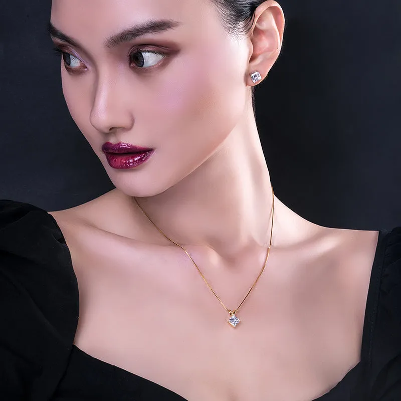 Classic Sterling silver Princess Cut Created White Diamond Pendant Necklace