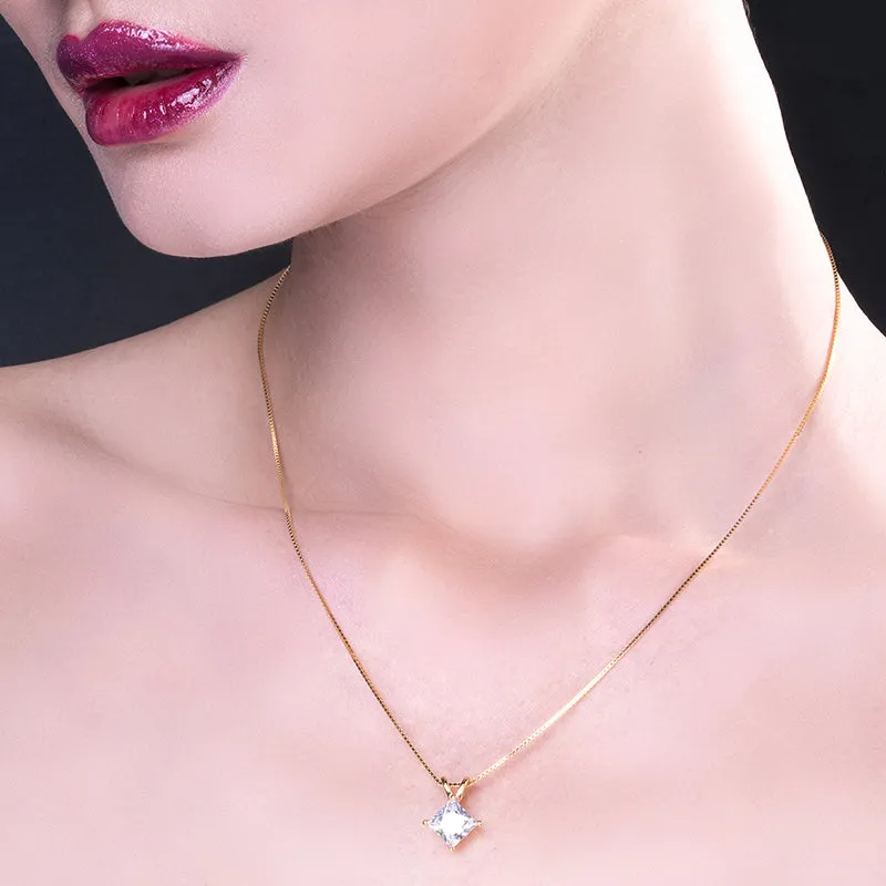 Classic Sterling silver Princess Cut Created White Diamond Pendant Necklace