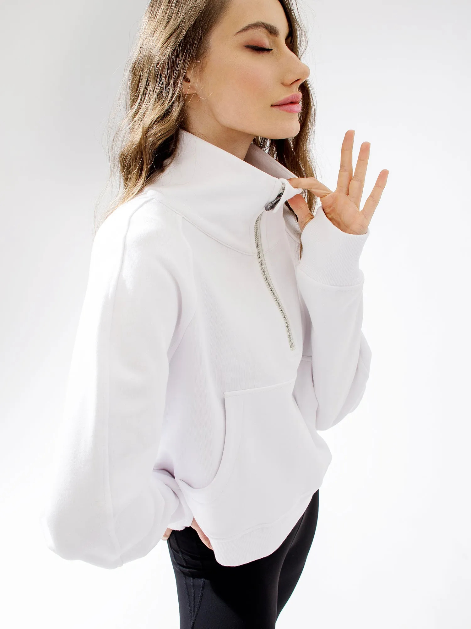 COLLARED HALF ZIP RELAXED SWEATSHIRT, WHITE