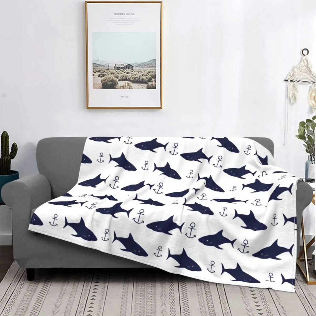 Comfy Sofa Blanket: Sharks & Anchor Print
