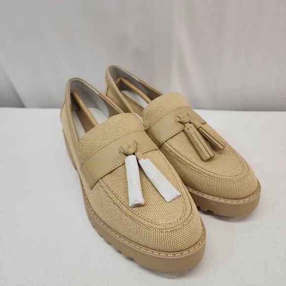 Franco Sarto Carolynn Size 9.5 Lug Sole Tassel Loafer Canvas Tan NWOB