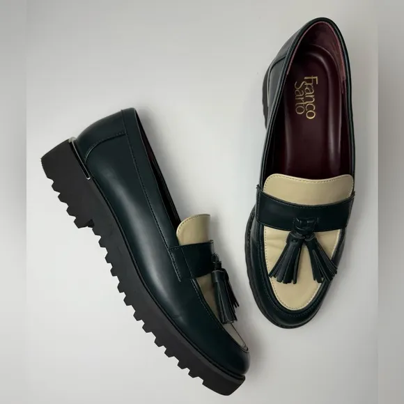 Franco Sarto Carolynn Tassel Loafer Dark Green and Cream Size 9.5