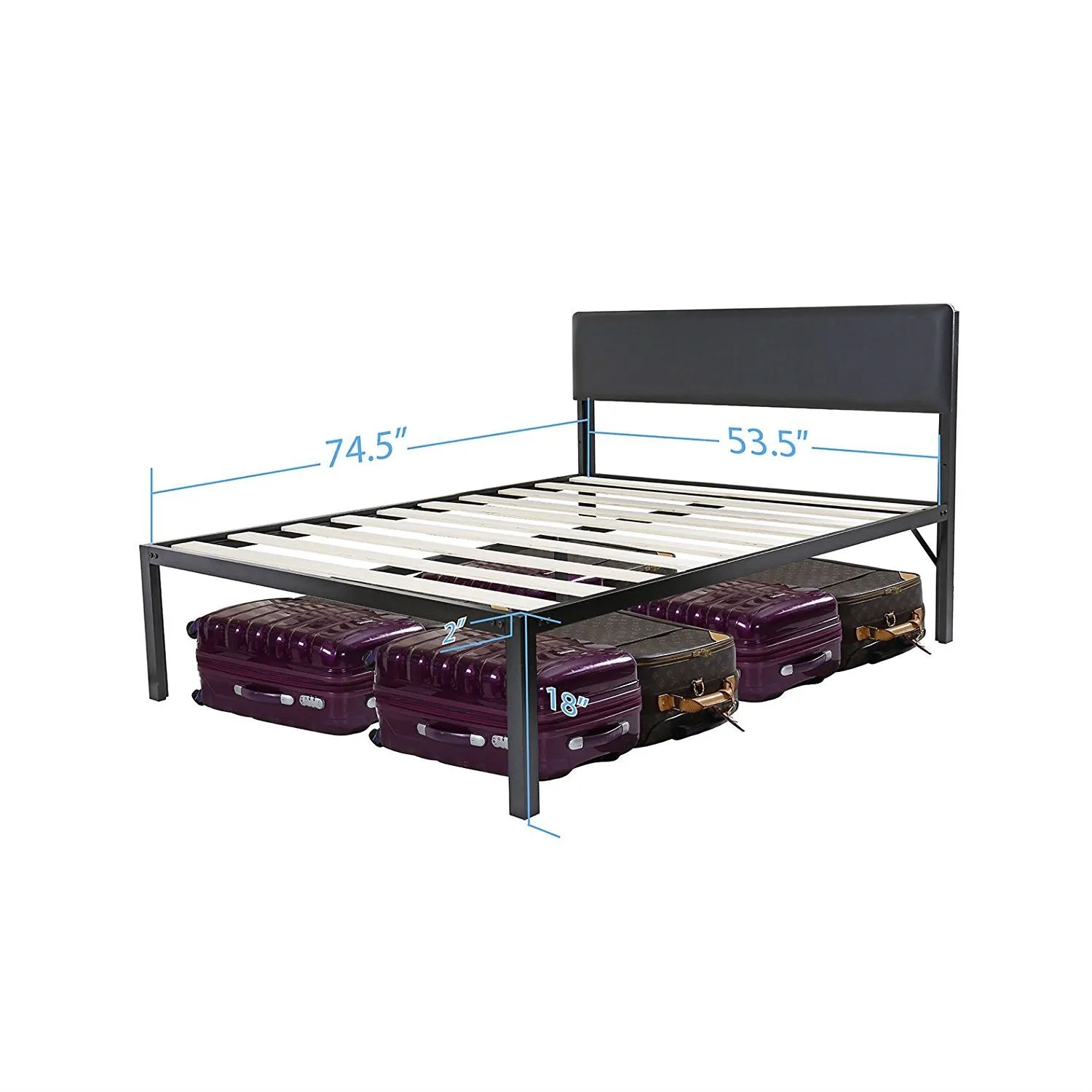 Full size Modern Metal Platform Bed Frame with Black Padded Headboard