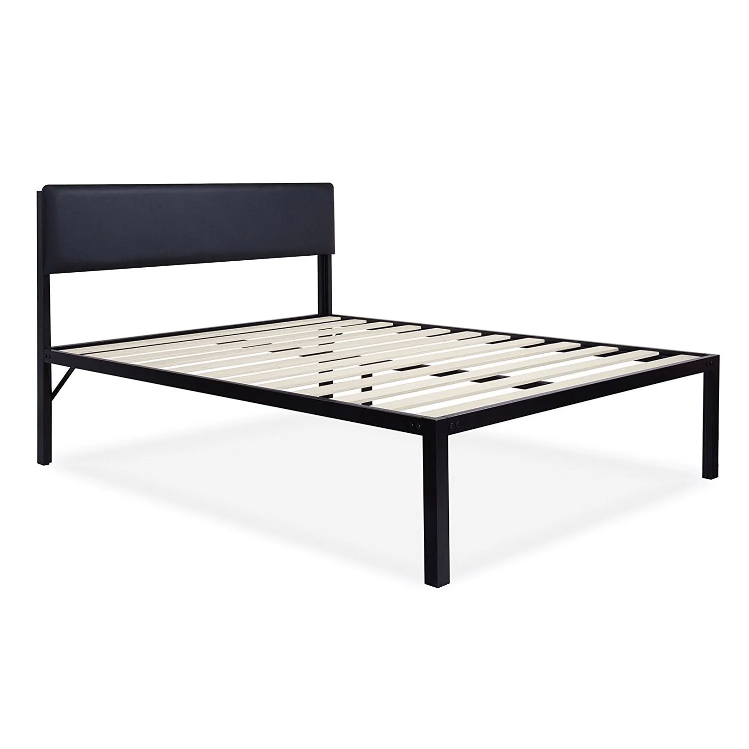 Full size Modern Metal Platform Bed Frame with Black Padded Headboard