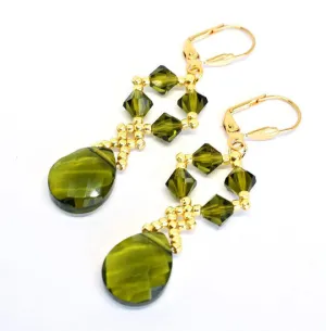 Genuine Austrian Crystal Teardrop Dangle Earrings - Olive Green