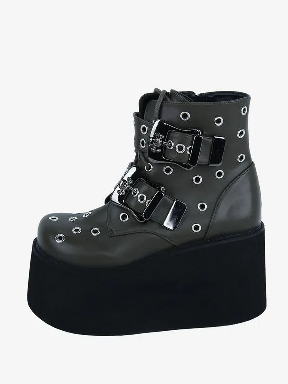 Gothic Lolita Boots PU Leather Metallic Grommets Round Toe Hunter Green Lolita Footwear