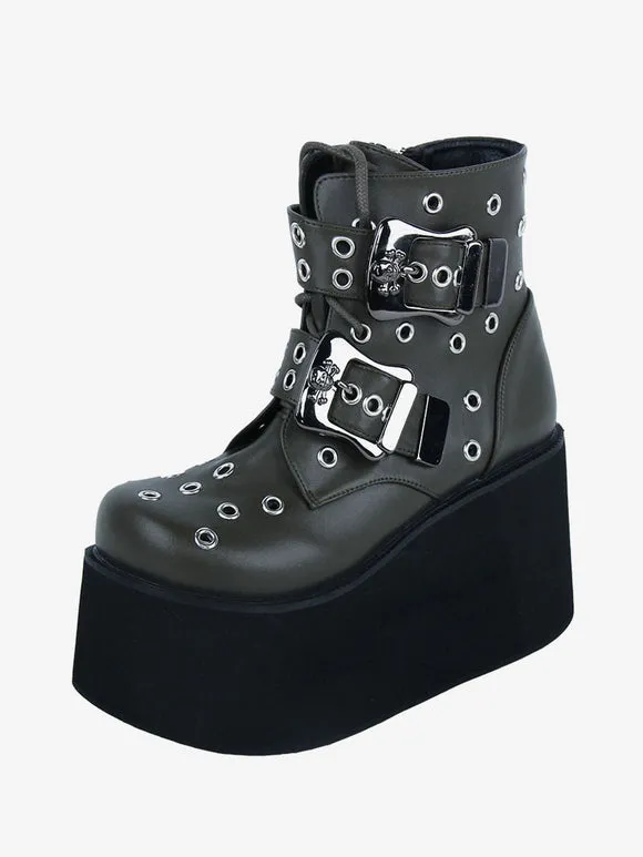 Gothic Lolita Boots PU Leather Metallic Grommets Round Toe Hunter Green Lolita Footwear