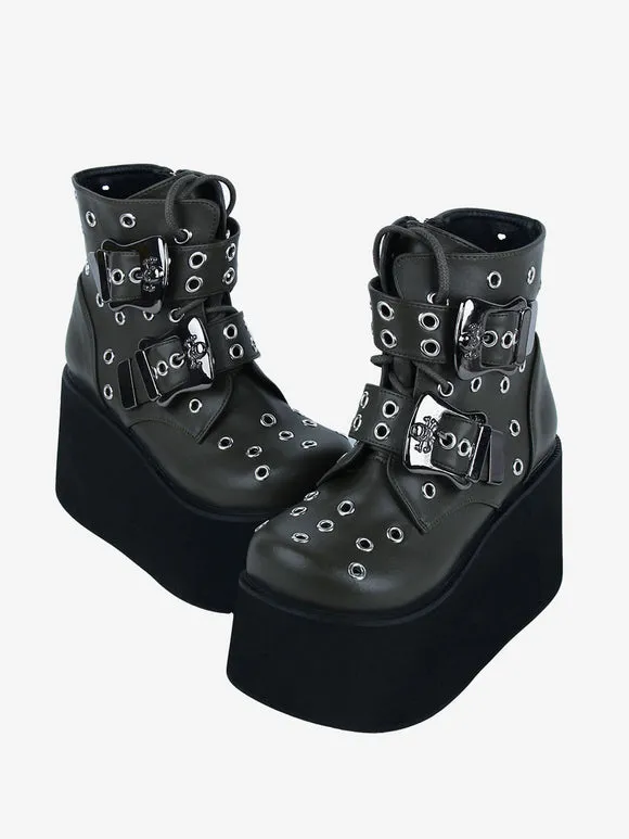 Gothic Lolita Boots PU Leather Metallic Grommets Round Toe Hunter Green Lolita Footwear