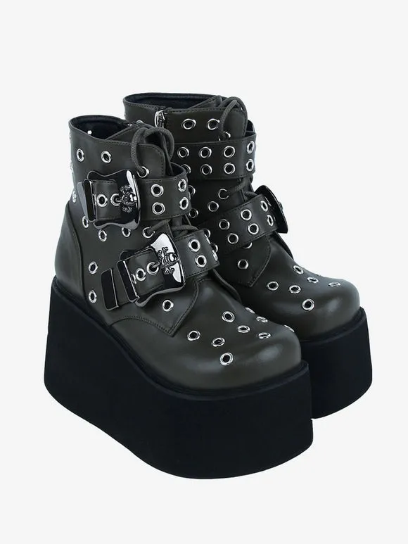 Gothic Lolita Boots PU Leather Metallic Grommets Round Toe Hunter Green Lolita Footwear