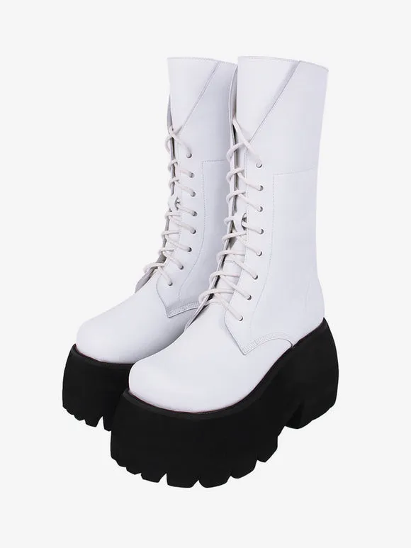 Gothic Lolita Boots White PU Round Toe PU Leather Lolita Footwear