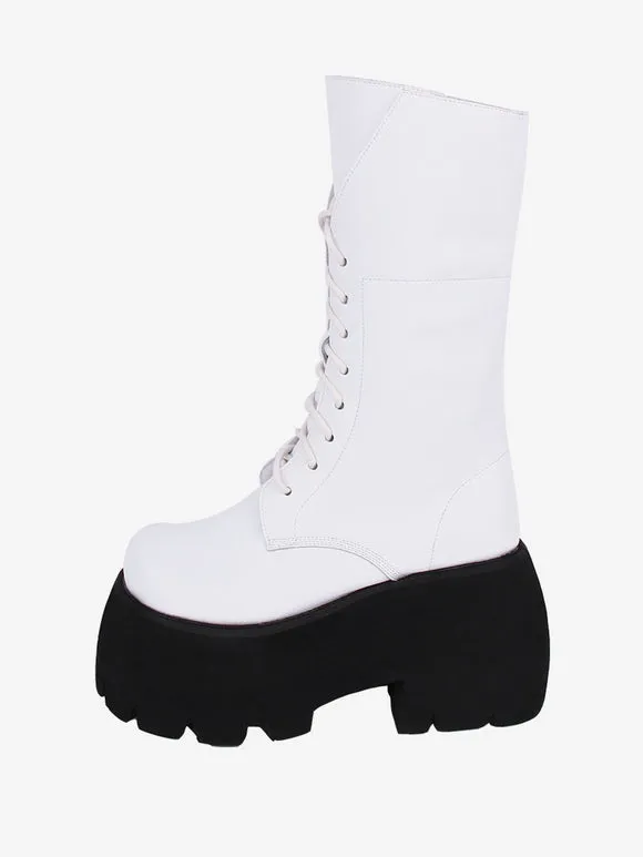 Gothic Lolita Boots White PU Round Toe PU Leather Lolita Footwear