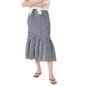 {J. Crew} &quot;Smocked Midi Skirt in Gingham&quot; Navy White Check Ruffle Hem Midi Skirt