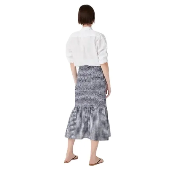 {J. Crew} &quot;Smocked Midi Skirt in Gingham&quot; Navy White Check Ruffle Hem Midi Skirt
