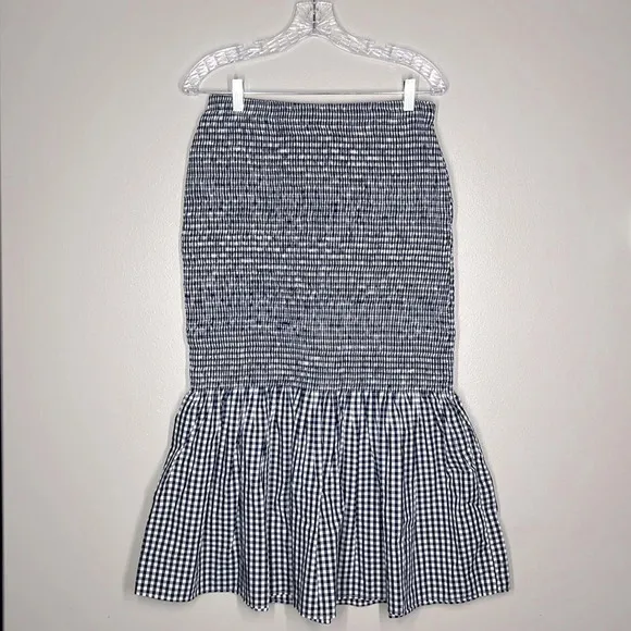 {J. Crew} &quot;Smocked Midi Skirt in Gingham&quot; Navy White Check Ruffle Hem Midi Skirt