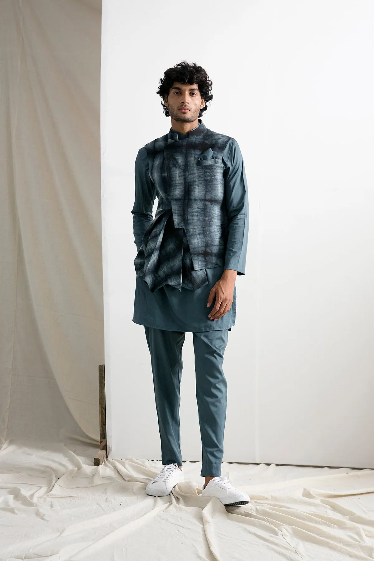 Jeff -Tie & Dye Asymmetric Jacket with Grey Kurta Set