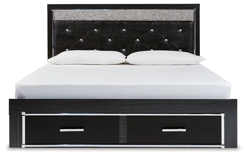 Kaydell King Upholstered Panel Storage Platform Bed with Mirrored Dresser and 2 Nightstands