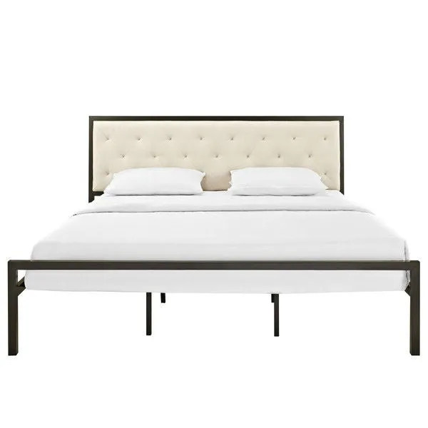 King size Modern Metal Platform Bed Frame with Beige Upholstered Headboard