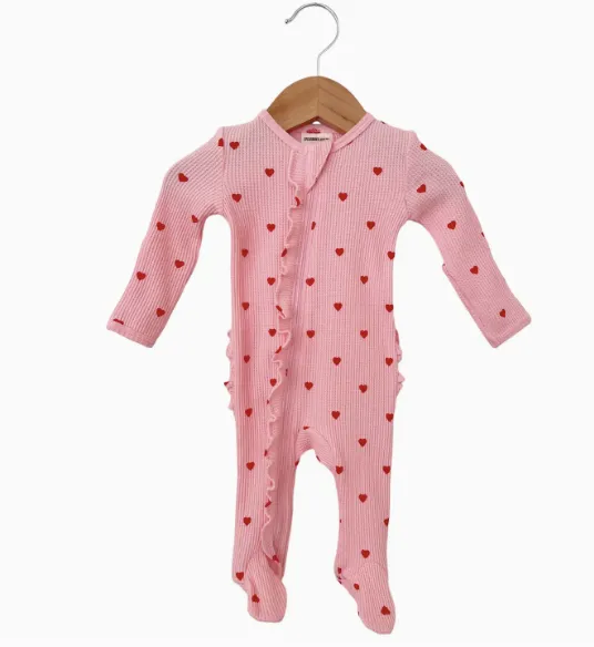 Little Red Heart Organic Waffle Ruffle Zip Footie