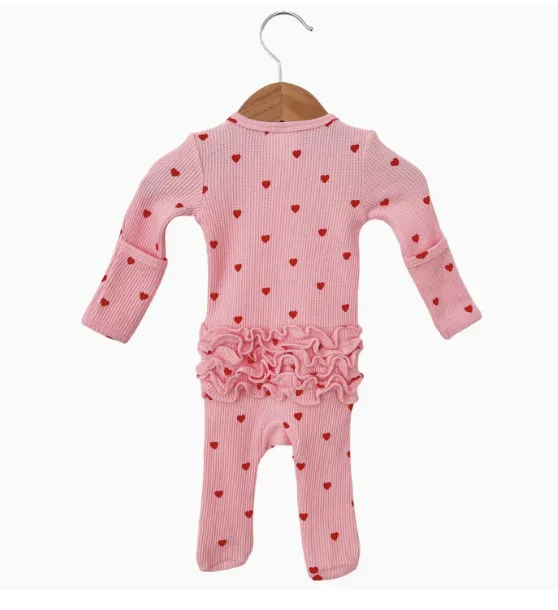 Little Red Heart Organic Waffle Ruffle Zip Footie