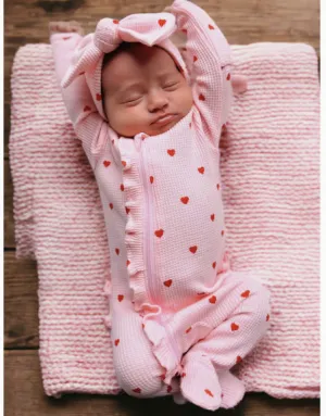 Little Red Heart Organic Waffle Ruffle Zip Footie