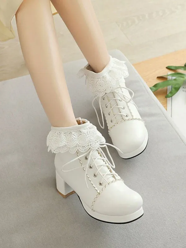 Lolita Ankle Pink PU Leather Round Toe Chunky Heel Sweet Lolita Booties Footwear