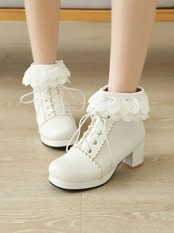 Lolita Ankle Pink PU Leather Round Toe Chunky Heel Sweet Lolita Booties Footwear