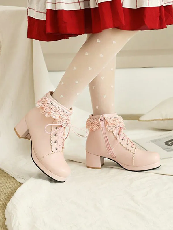 Lolita Ankle Pink PU Leather Round Toe Chunky Heel Sweet Lolita Booties Footwear