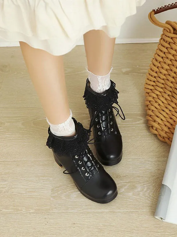 Lolita Ankle Pink PU Leather Round Toe Chunky Heel Sweet Lolita Booties Footwear