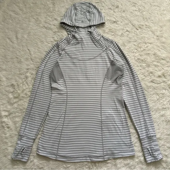 Lululemon Run: Back On Track Pullover Long Sleeve Hooded Stripes Gray White 12
