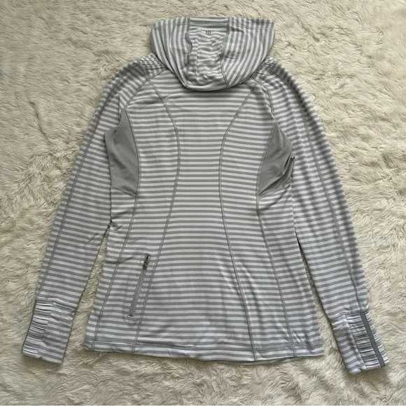 Lululemon Run: Back On Track Pullover Long Sleeve Hooded Stripes Gray White 12