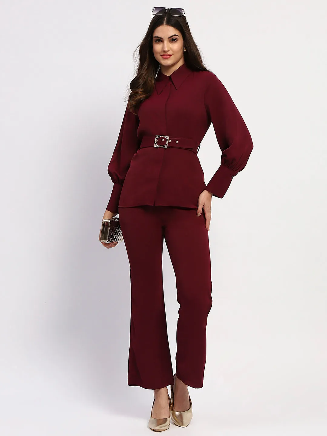 Madame Purple Belted Shirt and Flared Bottom Coord Set