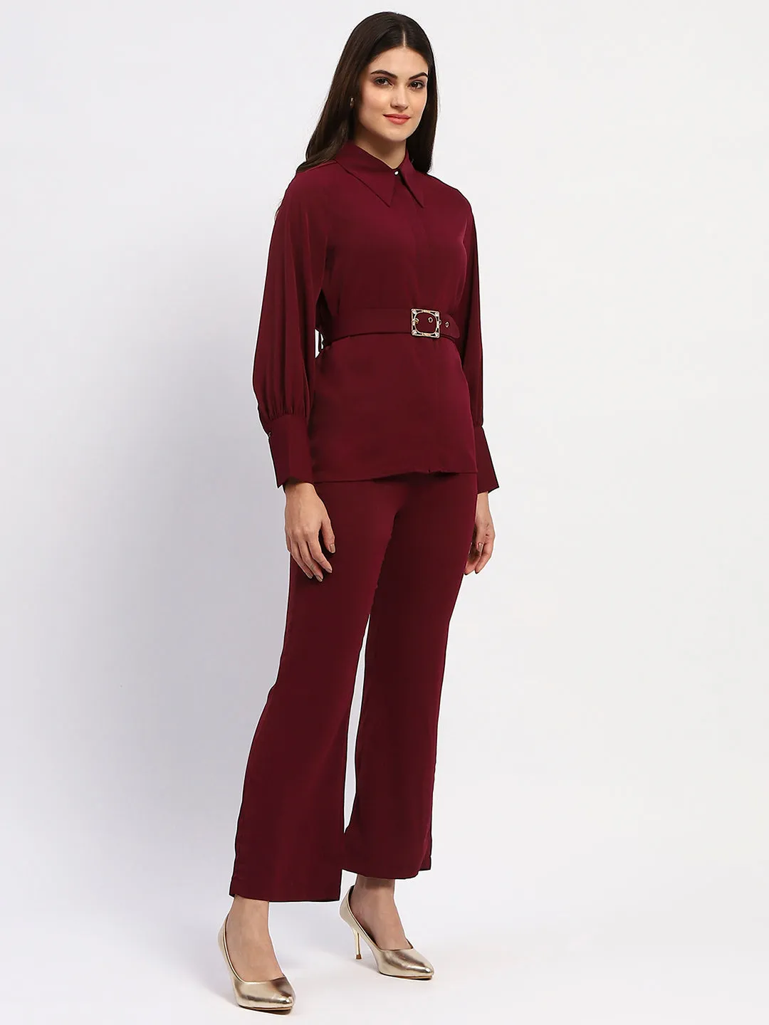 Madame Purple Belted Shirt and Flared Bottom Coord Set